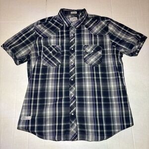 7 Diamonds Shirt Mens Large Blue Green Vintage Pearl Snap S/S Button Up Plaid